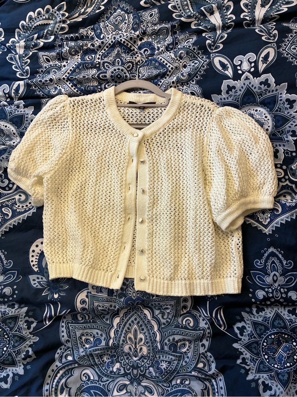 Cream Short-Sleeve Open-Knit Cardigan Sweater